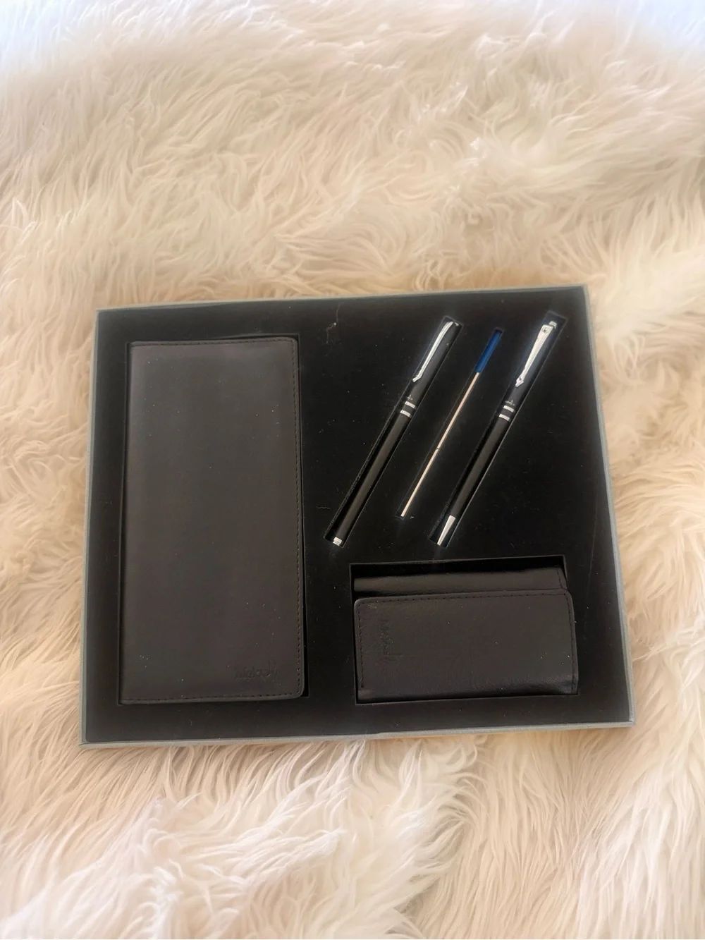 Black Leather Men's Accessory Set with Pens